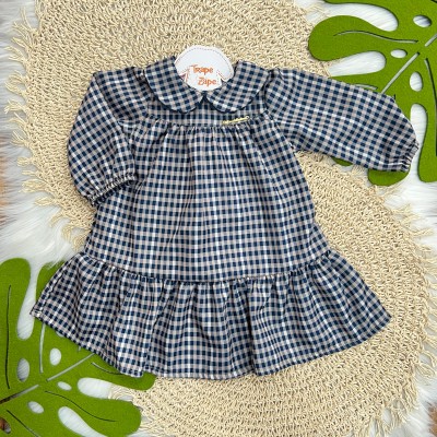Vestido Xadrez Manga Longa - Bege e Marinho